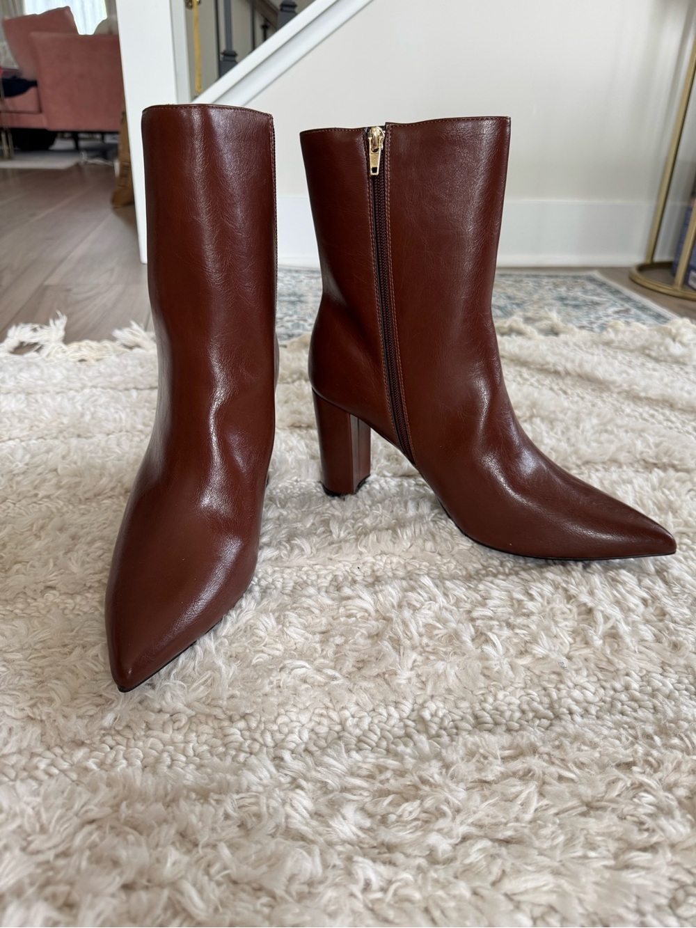 Women's Pointed-Toe Brown Leather Ankle Booties with Block Heel